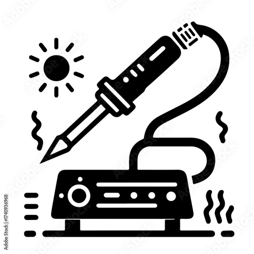 Illustration of a soldering iron on its base with a sun and heat waves in black and white style
