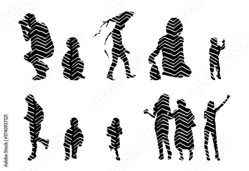 Vector illustration, Outline silhouettes of people, Contour drawing, people silhouette, Icon Set Isolated , Silhouette of sitting people, Architectural set