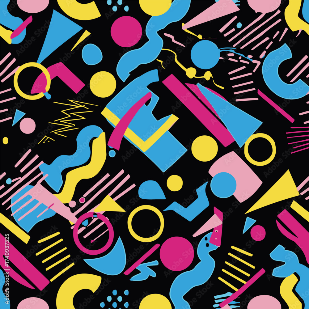 Fototapeta premium Abstract Geometric Seamless Pattern with Retro Shapes Colorful 80s Memphis Style Background 