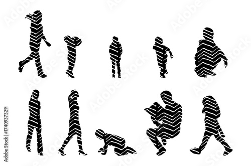 Vector illustration, Outline silhouettes of people, Contour drawing, people silhouette, Icon Set Isolated , Silhouette of sitting people, Architectural set