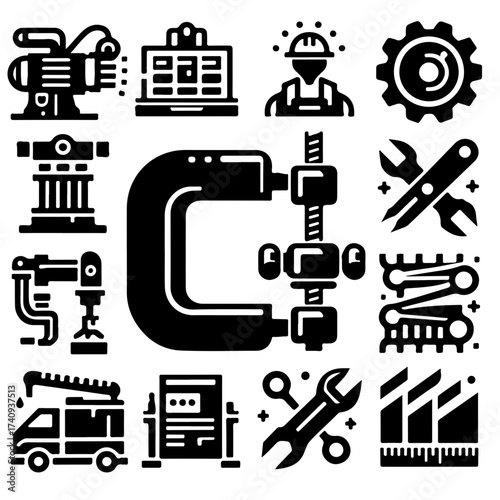 Illustration showcasing various mechanical and industrial tools and equipment in a bold black style