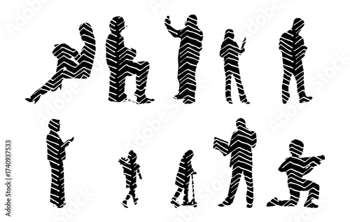 Vector illustration, Outline silhouettes of people, Contour drawing, people silhouette, Icon Set Isolated , Silhouette of sitting people, Architectural set