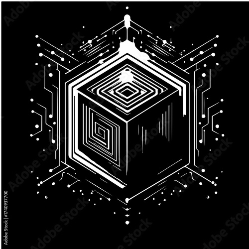 Stylized cube with internal spiral design and circuit board style connections in black and white scheme