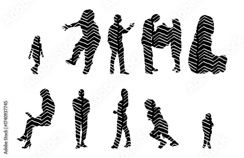 Vector illustration, Outline silhouettes of people, Contour drawing, people silhouette, Icon Set Isolated , Silhouette of sitting people, Architectural set