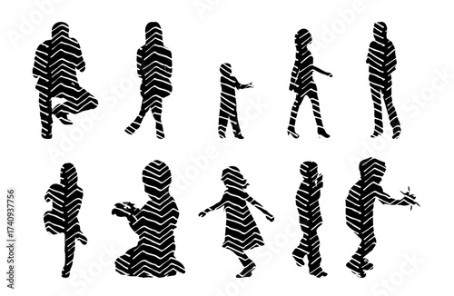 Vector illustration, Outline silhouettes of people, Contour drawing, people silhouette, Icon Set Isolated , Silhouette of sitting people, Architectural set