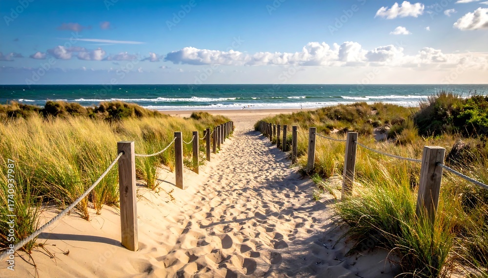 Obraz premium A sandy path leads through grassy dunes to a sunlit beach and turquoise ocean under a partly cloudy, blue sky