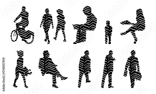 Vector illustration, Outline silhouettes of people, Contour drawing, people silhouette, Icon Set Isolated , Silhouette of sitting people, Architectural set