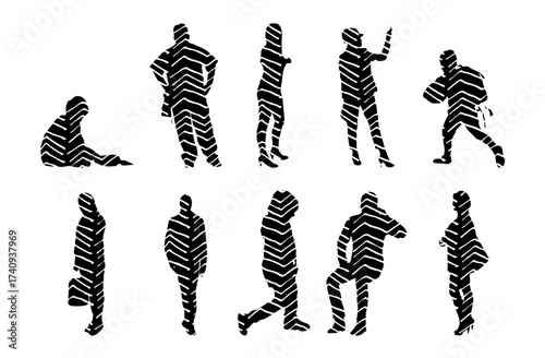 Vector illustration, Outline silhouettes of people, Contour drawing, people silhouette, Icon Set Isolated , Silhouette of sitting people, Architectural set