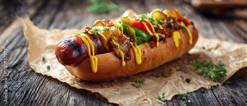 The gourmet hotdog topped with mustard and fresh vegetables on rustic wood