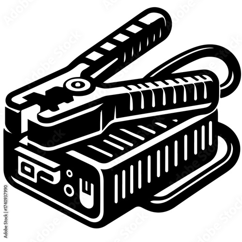 Illustration of a portable jump starter with battery clamps in a monochrome black and white design