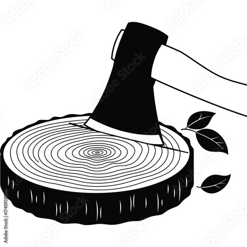 Axe in a tree stump illustration wood log cut black white vector graphic leaf leaves ring rings growth timber lumber tool handle blade