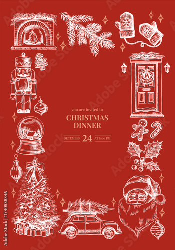 Christmas frame with hand drawn holiday elements. Festive mood, elegant vintage design. Vector sketch illustration.