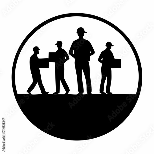 Delivery Team Silhouette: A cohesive group of delivery personnel, silhouetted against a circular backdrop, efficiently transport packages. Capturing the essence of service, logistics, and teamwork.