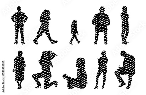 Vector illustration, Outline silhouettes of people, Contour drawing, people silhouette, Icon Set Isolated , Silhouette of sitting people, Architectural set