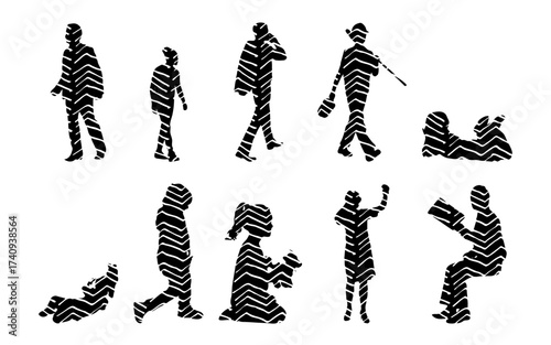 Vector illustration, Outline silhouettes of people, Contour drawing, people silhouette, Icon Set Isolated , Silhouette of sitting people, Architectural set