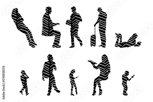 Vector illustration, Outline silhouettes of people, Contour drawing, people silhouette, Icon Set Isolated , Silhouette of sitting people, Architectural set