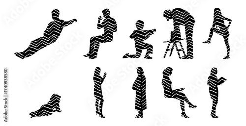 Vector illustration, Outline silhouettes of people, Contour drawing, people silhouette, Icon Set Isolated , Silhouette of sitting people, Architectural set