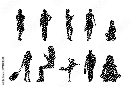Vector illustration, Outline silhouettes of people, Contour drawing, people silhouette, Icon Set Isolated , Silhouette of sitting people, Architectural set
