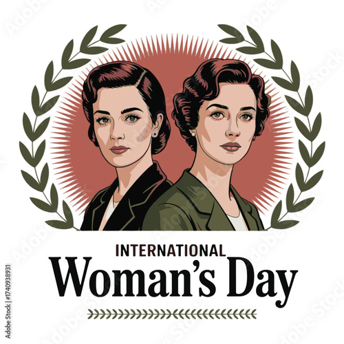 Two women portraits laurel wreath International Womans Day text illustration
