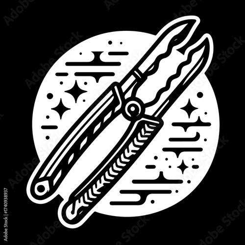 Illustration of a pair of metal tongs with decorative handles inside a dotted circle with stars and lines
