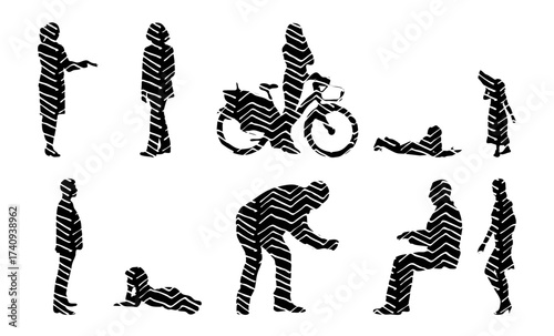 Vector illustration, Outline silhouettes of people, Contour drawing, people silhouette, Icon Set Isolated , Silhouette of sitting people, Architectural set