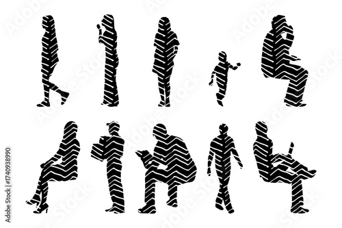Vector illustration, Outline silhouettes of people, Contour drawing, people silhouette, Icon Set Isolated , Silhouette of sitting people, Architectural set