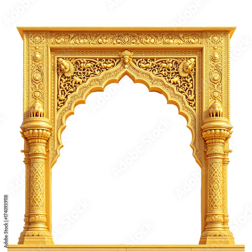 Ornate golden archway with intricate carvings, perfect for adding a touch of Indian tradition and elegance to your design projects today