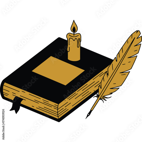 Book, Candle and Quill Pen Illustration writing literature knowledge education vintage antique old classic retro symbol icon drawing