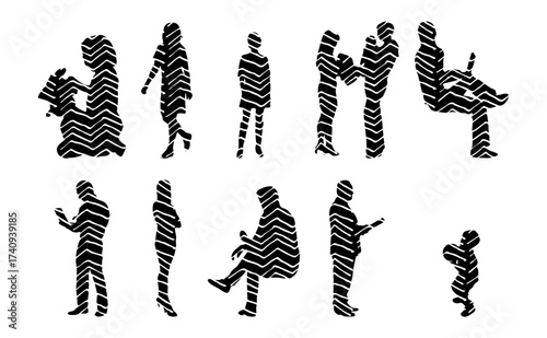 Vector illustration, Outline silhouettes of people, Contour drawing, people silhouette, Icon Set Isolated , Silhouette of sitting people, Architectural set
