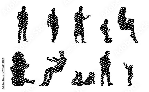 Vector illustration, Outline silhouettes of people, Contour drawing, people silhouette, Icon Set Isolated , Silhouette of sitting people, Architectural set