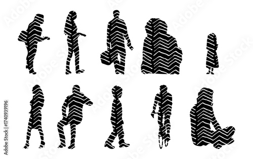 Vector illustration, Outline silhouettes of people, Contour drawing, people silhouette, Icon Set Isolated , Silhouette of sitting people, Architectural set