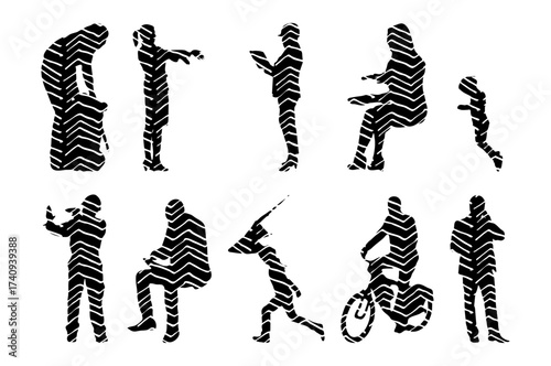 Vector illustration, Outline silhouettes of people, Contour drawing, people silhouette, Icon Set Isolated , Silhouette of sitting people, Architectural set