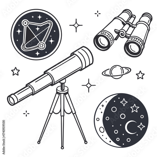 A collection of hand drawn astronomical objects including a telescope binoculars moon stars and saturn with rings all in a simple line art style
