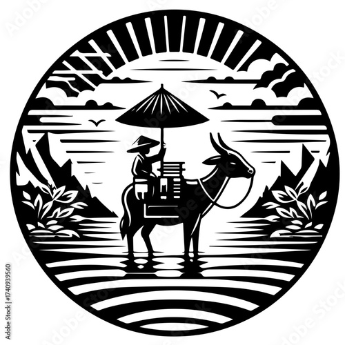 Illustration of a person riding a bull with an umbrella in a landscape with mountains and water scene design