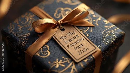 Gift from the Past to the Future, Wrapped in Gold and Black,  A Time Capsule of Memories Sealed with Elegance for a Future Discovery