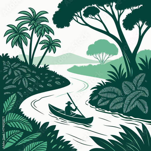 A lone person paddles a canoe down a winding river through a lush tropical jungle with palm trees and dense foliage