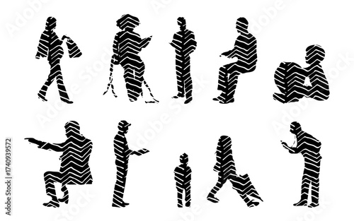 Vector illustration, Outline silhouettes of people, Contour drawing, people silhouette, Icon Set Isolated , Silhouette of sitting people, Architectural set
