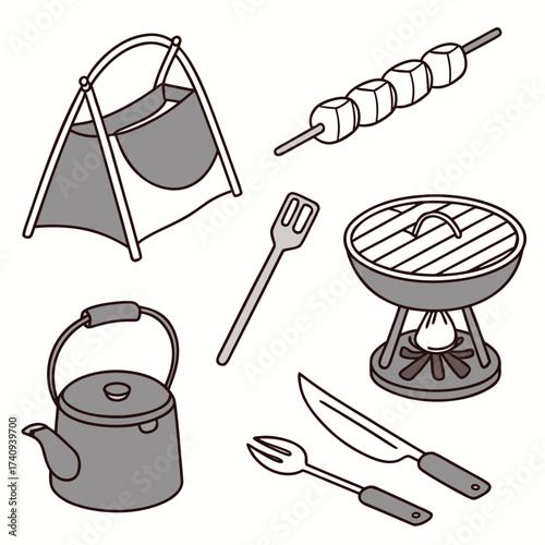 Collection of camping and barbecue items including a tent grill skewers kettle spatula knife and fork