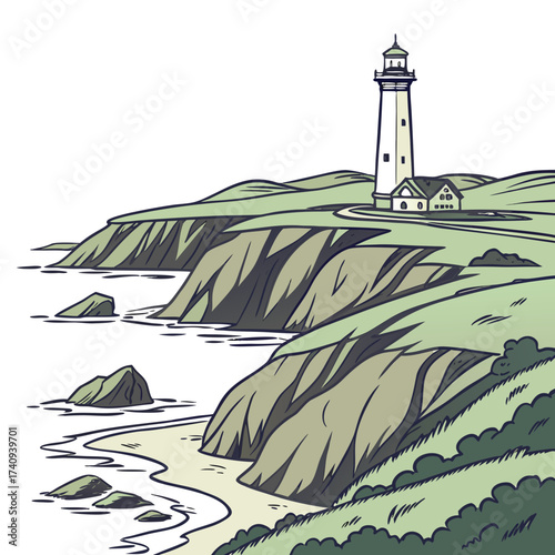 Coastal landscape with a tall white lighthouse and a small house on a grassy cliff overlooking the ocean with rocks and waves