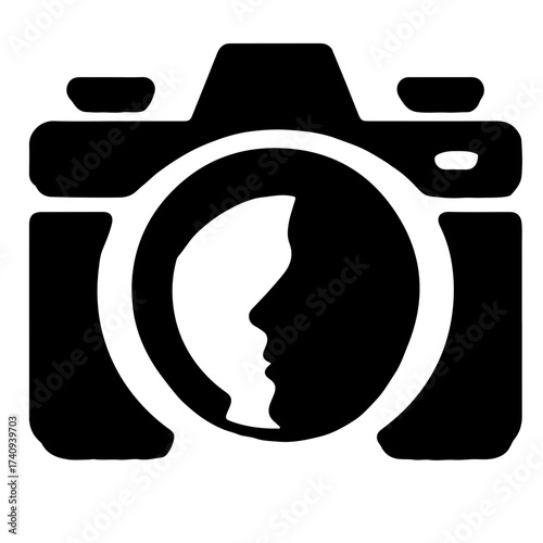 A black and white graphic of a camera with a silhouette of a face inside the lens area shown clearly