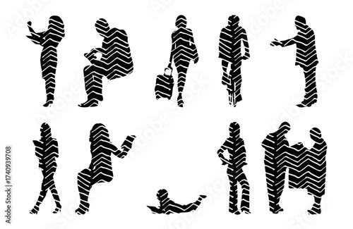 Vector illustration, Outline silhouettes of people, Contour drawing, people silhouette, Icon Set Isolated , Silhouette of sitting people, Architectural set