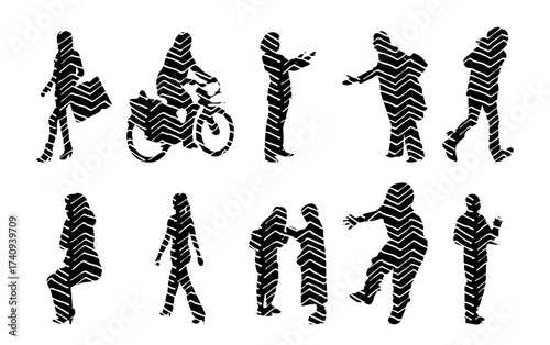 Vector illustration, Outline silhouettes of people, Contour drawing, people silhouette, Icon Set Isolated , Silhouette of sitting people, Architectural set