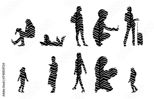 Vector illustration, Outline silhouettes of people, Contour drawing, people silhouette, Icon Set Isolated , Silhouette of sitting people, Architectural set