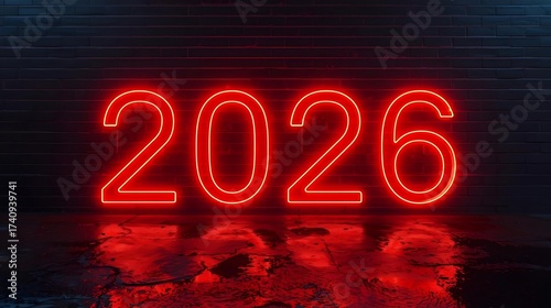 Vivid Red Neon '2026' Against Dark Brick Wall, Reflective Surface Creates Dynamic, Bold and Dramatic Year 2026 Neon Sign Against a Dark Background