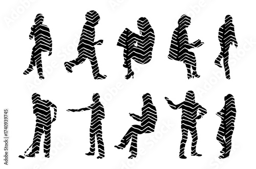 Vector illustration, Outline silhouettes of people, Contour drawing, people silhouette, Icon Set Isolated , Silhouette of sitting people, Architectural set