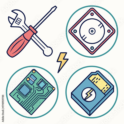 Collection of flat design icons representing computer repair tools electronic components and digital storage for technology and it services