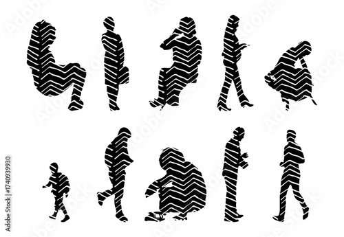 Vector illustration, Outline silhouettes of people, Contour drawing, people silhouette, Icon Set Isolated , Silhouette of sitting people, Architectural set