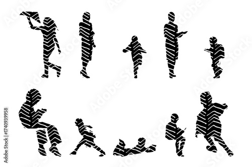 Vector illustration, Outline silhouettes of people, Contour drawing, people silhouette, Icon Set Isolated , Silhouette of sitting people, Architectural set