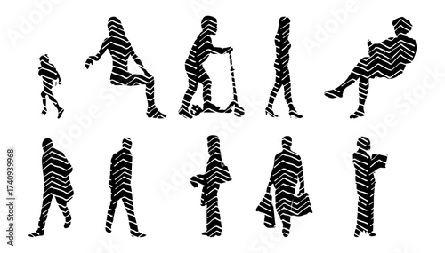 Vector illustration, Outline silhouettes of people, Contour drawing, people silhouette, Icon Set Isolated , Silhouette of sitting people, Architectural set