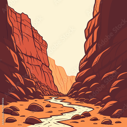 Stylized illustration of a desert canyon with a winding river and rocky terrain under a pale sky